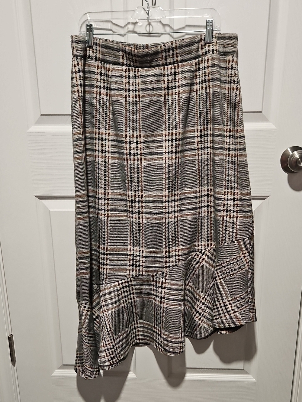 Cato Plaid Asymmetrical Midi Skirt in Gray and Cream with Brown Accents